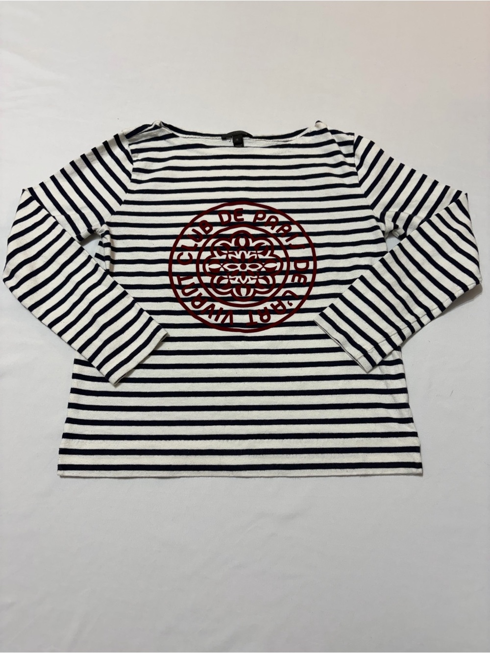 J.Crew XS Striped Boatneck Top French Club De Paris Graphic Long Sleeve Nautical